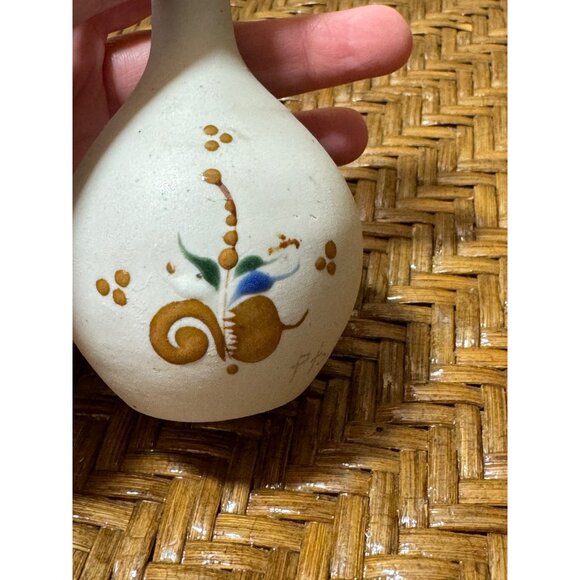 Mexican Tonala Bud Vase Signed Folk Art Hand Painted Flower Sandstone - Picture 10 of 13